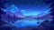 Scenery countryside nature, nighttime parallax background, cartoon illustration with mountains, river, and road with