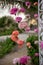 Scenery of flowers of white and pink roses on a wedding arch