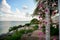 Scenery of flowers of white and pink roses on a wedding arch