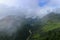 Scenery of foggy hills and Mangde River in Bumthang, Bhutan