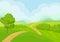 Scenery with green meadows, tree and bushes, blue sky on background. Natural landscape. Flat vector design