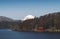 The scenery of Hakone Lake or Ashinoko Lake with red torii gate and Mount Fuji-sang at the background.