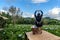 The scenery of a happy tourist in a hydrangea flower field at Khun Pae, Chiang Mai, Thailand