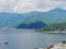 Scenery of Lake Kawaguchi, the biggest lake of Fuji five lakes, with a ferry boat and an overwater bridge