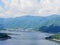 Scenery of Lake Kawaguchi, the biggest lake of Fuji five lakes, with an overwater bridge crossing the lake