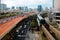 Scenery of a metro train traveling on elevated rails of Monorail near Tennozu Isle Station in Tokyo