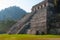 The scenery of the mountains and the ancient Maya pyramid. Palenque, Chiapas, Mexico.