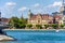 Scenery of old Constance or Konstanz in summer. Scenic view of coast of Constance Lake Bodensee