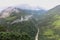 Scenery overlooking the foggy hills and Mangde Chhu (Tongsa River) in Bumthang, Bhutan