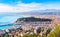 Scenery panoramic aerial cityscape view of Nice, France. Landscape of harbor, port in Nice. Cote d`Azur France. Luxury resort