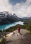 Scenery of Peyto lake resemble of fox with man traveler in Banff national park