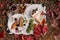 Scenery of pieces of creamy cakes with grapes and berries, nuts, and autumn leaves on the ground