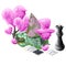 Scenery with pink topiary trees, chess and house