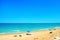 Scenery in Porto Potenza Picena with beach, rocks, parasols, people and the Adriatic Sea