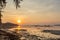 Scenery of Rawai pier with sky sunrise, Phuket, Thailand. This place is an amazing sunrise spot. Harbor bridge. Sea level lower.