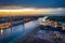 Scenery of the shipyard in Gdansk with Martwa Wisla canal at dusk. Poland