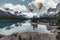 Scenery of Spirit Island with hot air balloon flying in Maligne lake at Jasper national park