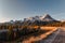 Scenery of Sunrise on Mount Rundle, Ha-Ling, Lady Macdonals with blue sky in autumn forest at Rundle Forebay reservoir