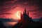 Scenery of Thorn Castle during solar eclipse against dark crimson sky. illustration painting