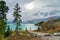 Scenery view at Abraham lake shore in autumn.