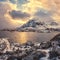 Scenery winter landscape in the Norway. Dramatic color sunset sky over the mountains and sea, Ã…, O, Lofoten Islands