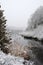 Scenery winter season stock photos.  Winter landscape snow covered of trees, foliage, cattails, gray sky, river
