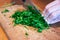 Scenes of life at home: in the kitchen preparing chopped parsley on the cutting board. The large knife, operated by the hands,