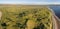 Scenic aerial birds eye panoramic irish landscape from lahinch in county clare, ireland. beautiful lahinch beach and golf course