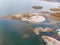 Scenic aerial drone birds eye view of swallow sand river or lake shore due to drought and water pond reservoir dam