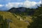 Scenic aerial landscape view of Vogel ski center. Heavy white clouds hang over beautiful mountain range