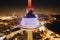 Scenic aerial night view of illuminated Vilnius TV tower