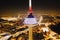 Scenic aerial night view of illuminated Vilnius TV tower