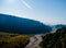 Scenic Aerial Scene - River between two mountains of himalayas, aerial view, crystal clear water