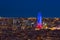 Scenic aerial view of Barcelona city skyscraper and skyline at night in Barcelona, Spain