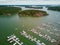 Scenic aerial view of colorful boats near wooden berth