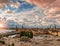 Scenic aerial view of Gamla Stan - Old Town - and Slussen in Stockholm at sunset