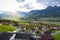 Scenic aerial view of hillside villages of Triesenberg and the river Rhine in Liechtenstein, an alpine country in Europe