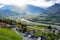 Scenic aerial view of hillside villages of Triesenberg and the river Rhine in Liechtenstein, an alpine country in Europe