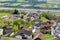 Scenic aerial view of hillside villages of Triesenberg and the river Rhine in Liechtenstein, an alpine country in Europe