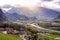 Scenic aerial view of hillside villages of Triesenberg and the river Rhine in Liechtenstein, an alpine country in Europe