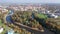 Scenic aerial view of Hradec Kralove cityscape on banks of Elbe river on sunny autumn day, Czech Republic