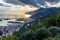 Scenic aerial view at sunset of Salerno and Amalfi coast from Arechi castle, Campania, Italy