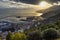 Scenic aerial view at sunset of Salerno and Amalfi coast from Arechi castle, Campania, Italy