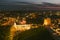 Scenic aerial view of Vilnius Old Town and Neris river. Sunset landscape. Night view of Vilnius, Lithuania