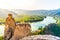 Scenic aerial view of Wachau Valley and Danube River from Durnstein Castle ruins, Austria