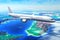 Scenic airliner flight over the ocean
