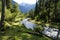 scenic alpine landscape with a creek, green trees and the Austrian Alps of the Schladming-Dachstein region (Austria)
