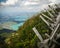 Scenic alpine view in a cloudy summer day with Switzerland blue water lakes in background and wood safety wall