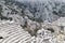 Scenic amazing picturesque view to ancient theatre of Termessos , Turkey in the low clouds
