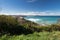 Scenic atlantic coastline in sunny blue sky in bidart, basque country, france